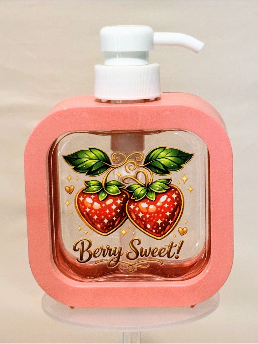 Strawberry Print Refillable Hand Soap Pump Bottle - Empty - nwot
